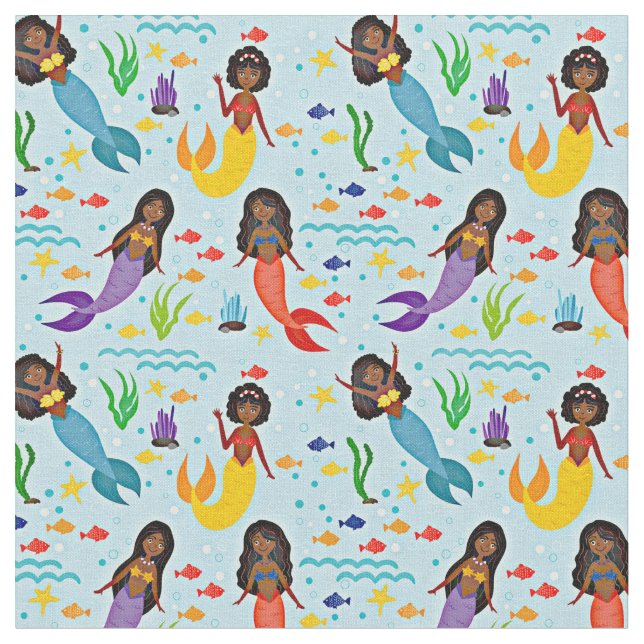 Färgämnen under havets Sjöjungfruar och fisk på bl Tyg (Närbild)