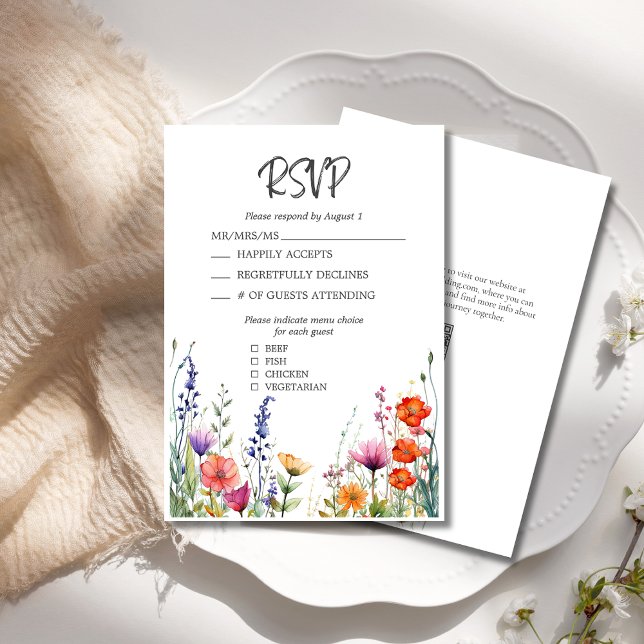 Färgämnen Wildblommor Elegant bröllop OSA kort (Colorful Wildflowers Elegant Wedding RSVP with Menu Options, Pink Purple Orange Yellow Flowers.)
