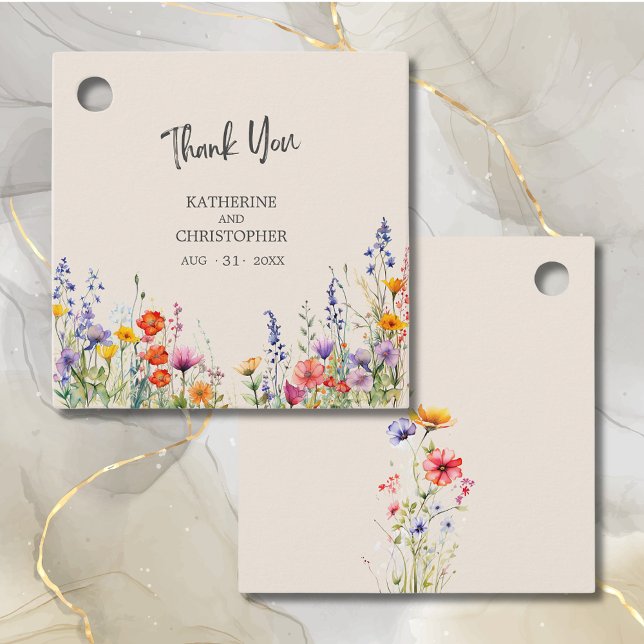 Färgämnen Wildblommor Elegant bröllop Tack Gåvor Etiketter (Colorful Wildflowers Wedding Thank You Tag with wedding info, purple, red, orange, yellow flowers.)