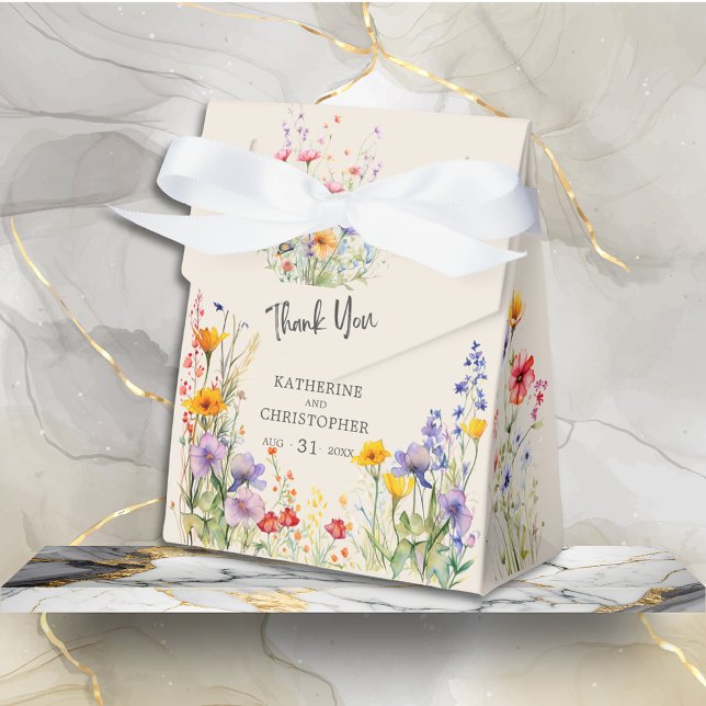 Färgämnen Wildblommor Elegant bröllop Tack Presentaskar (Colorful Wildflowers Thank You Wedding Favor Bag with Bow has Wedding Details, purple, orange, red.)