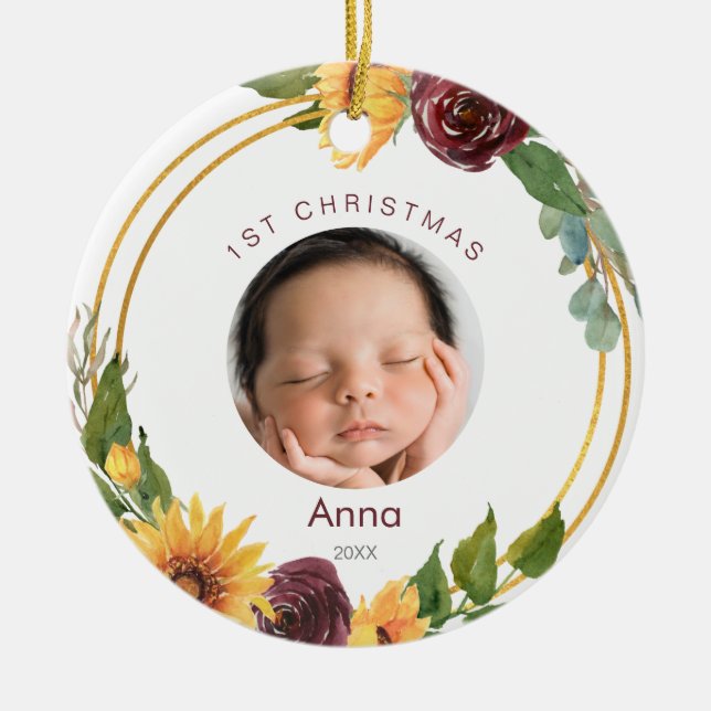 Färgämnet 1:a julfoto Sunblommor & Burgundy Julgransprydnad Keramik (Framsidan)