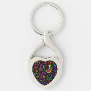 Färgämnet blommönster i rött twisted heart silverfärgad nyckelring