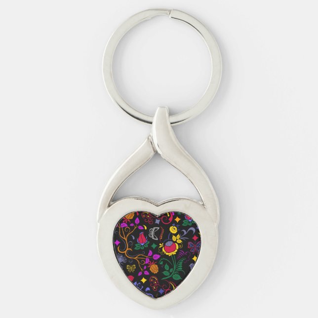 Färgämnet blommönster i rött twisted heart silverfärgad nyckelring (Framsidan)