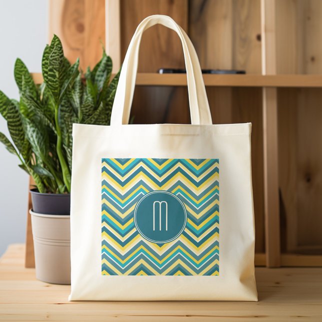 Färgämnet Chevron Mönster Monogram Gult och skalni Tygkasse (Personalized tote bag with custom text)