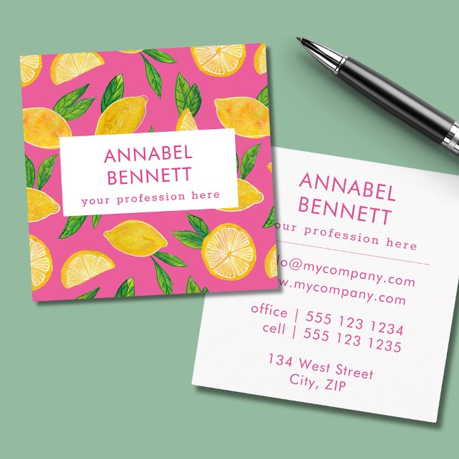 Färgämnet citrus Lemon mönster Fyrkantigt Visitkort (Citrus lemon pink professional square business cards.)