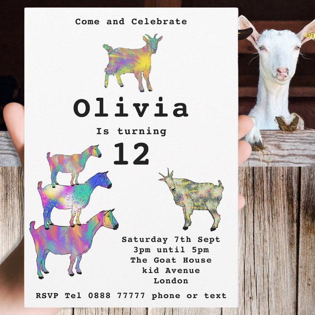 Färgämnet Cute Goats Flick kalas (Cute goats colorful farm animal art 12th birthday party invitation)