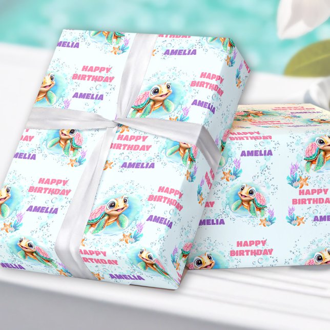 Färgämnet Cute Lycklig Sea Turtle Namn 1:a födelse Presentpapper (Colorful Cute Happy Sea Turtle Name 1st Birthday Wrapping Paper)