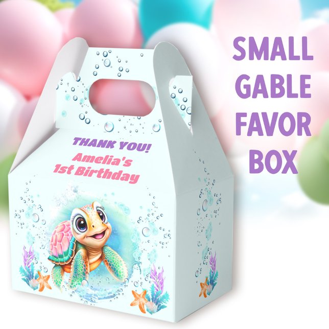 Färgämnet Cute Sea Turtle 1:a födelsedagens favori Presentaskar (Cute Turtle Small Gable Favor Boxes - You can choose from 3 sizes of these gable favor boxes)