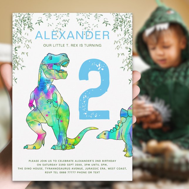 Färgämnet dinosaur 2:a födelsedagen Party Inbjudningar (Colorful dinosaur 2nd birthday party invitation invitation blue green watercolor T-Rex & Stegosaurus)