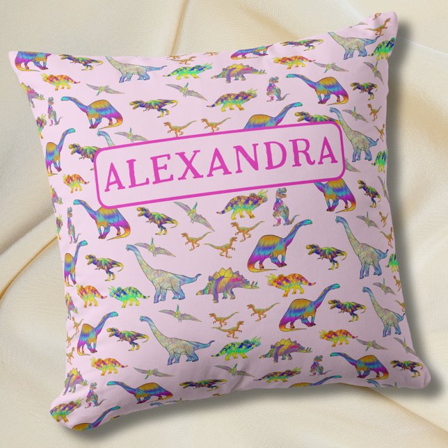 Färgämnet dinosaur Personlig Namn Kudde (Cute dinosaur personalized name pink pillow colorful dino pattern bedroom home decor for girls)