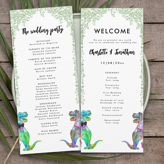 Färgämnet dinosaur Theme Bröllop Program (Colorful T-Rex bride and groom dinosaur wedding day program)