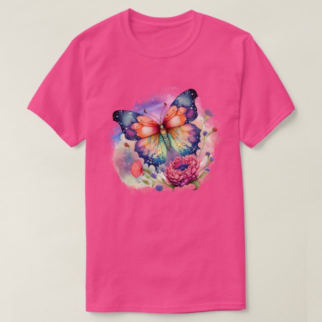 Färgämnet fjäril och blommor, unisex t shirt (Design framsida)