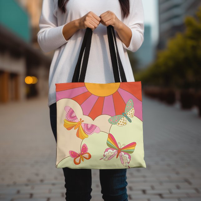 Färgämnet fjäril Retro Sol Groovy Trendig Tygkasse (Skapare uppladdad)