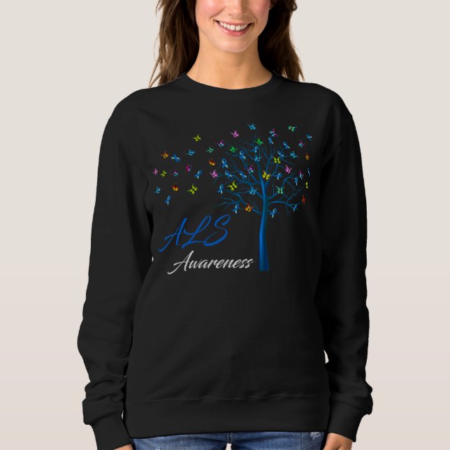 Färgämnet fjäril Träd Ribbon Als Awareness Månad T Shirt (Framsida)