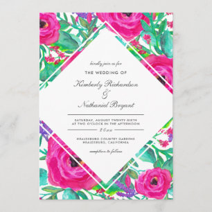 Färgämnet Fuchsia Watercolor Blommigt Bröllop Inbjudningar