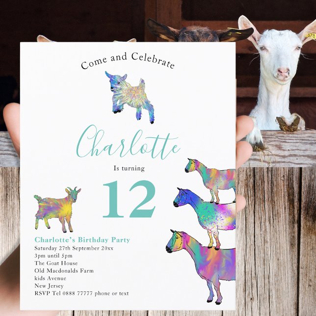 Färgämnet getter Födelsedagsfest från lantbruksdju (Cute goats colorful farm animal art 12th birthday party budget invitation  )