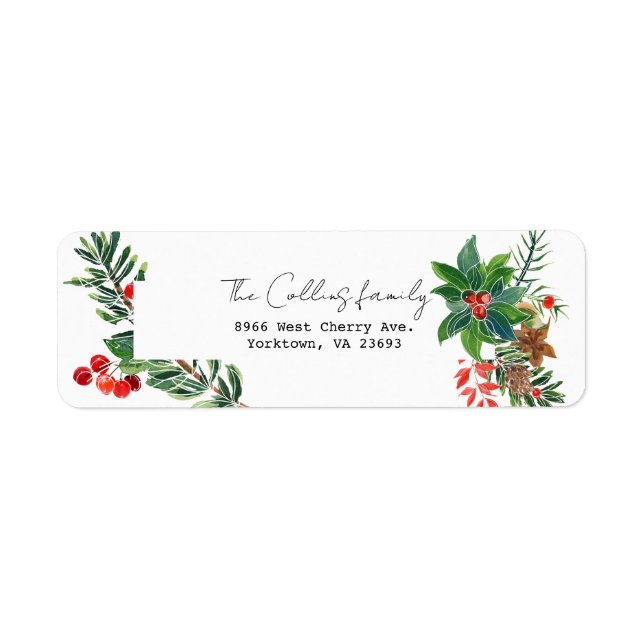 Färgämnet jul, vattenfärg Holly och botaniska ämne Returadress Etikett (Framsidan)