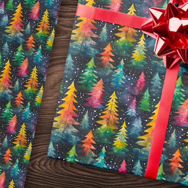 Färgämnet Julgranar Presentpapper (Colorful watercolor Christmas trees Wrapping Paper)