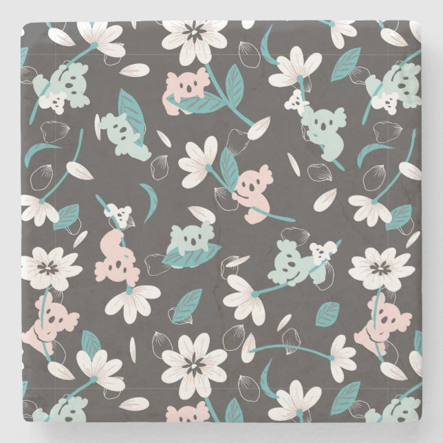 Färgämnet Koala Mönster Cute Animal and Blommigt Stenunderlägg (Framsidan)