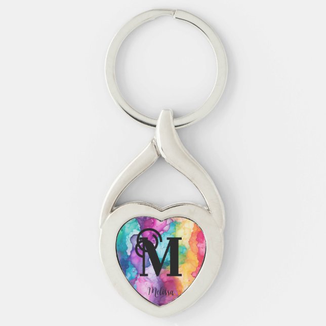 Färgämnet regnbåge i vattenfärg monogram twisted heart silverfärgad nyckelring (Framsidan)