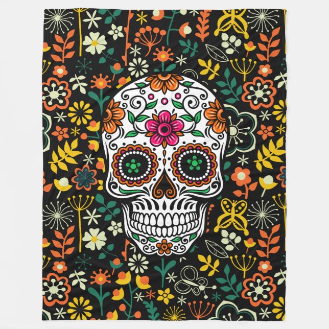 Färgämnet Retro Flowers Sugar Skull Fleecefilt (Framsidan)