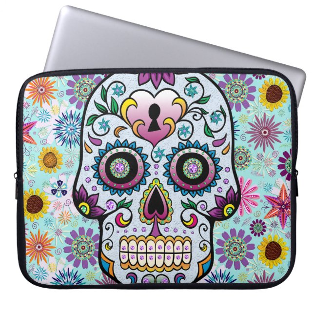 Färgämnet Retro Flowers Sugar Skull Laptop Sleeve (Framsidan)