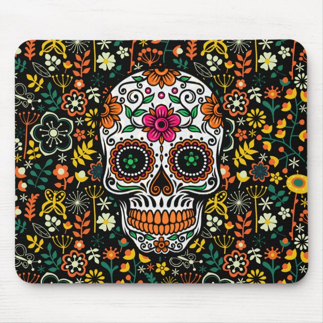 Färgämnet Retro Flowers Sugar Skull Musmatta (Framsidan)