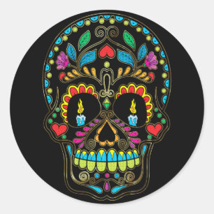 Färgämnet Retro Flowers Sugar Skull Runt Klistermärke