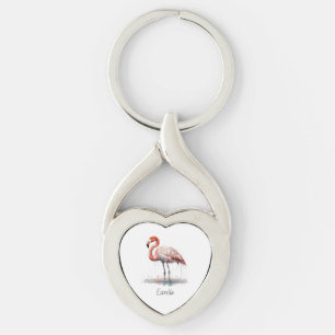 Färgämnet Rosa Flamingo, anpassade Twisted Heart Silverfärgad Nyckelring