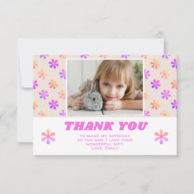 Färgämnet Rosa Glitter Flowers Birthday Girl Photo Tack Kort (Framsida)