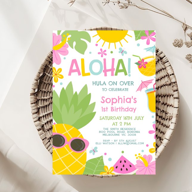 Färgämnet Rosa Grönt Ananas Aloha Birthday Inbjudningar (Hawaiian Theme Birthday Party Invitation Template, Editable Aloha Birthday Invitation Girl Colorful)