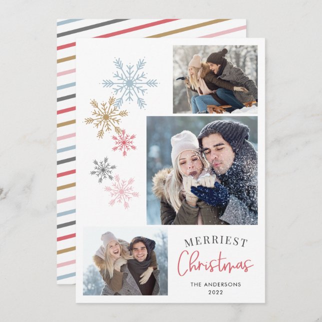 Färgämnet Snöflingor 3 Foton Merriest jul Julkort (Fram/baksida)