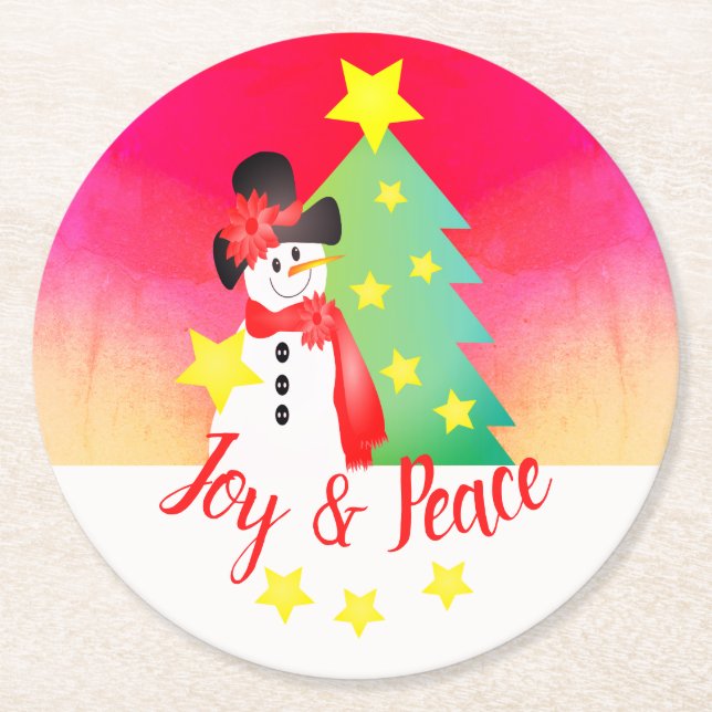 Färgämnet Snögubbe och Träd Underlägg Papper Rund (Framsidan)