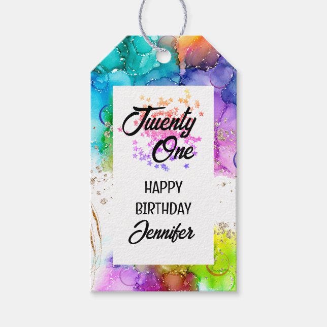 Färgämnet Stänk Watercolor Birthday Presentetikett (Framsidan)