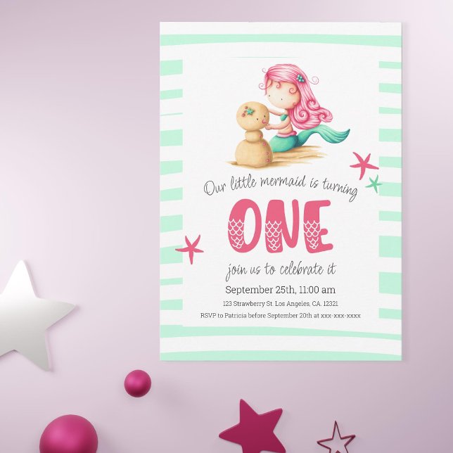 Färgämnet under Sea Sjöjungfru Girl First Birthday Inbjudningar (Aqua and Pink Mermaid First Birthday Summer Invitation )