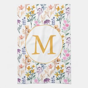 Färgämnet Vår Flower Watercolor Mönster Monogram Kökshandduk