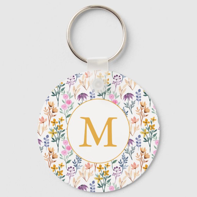 Färgämnet Vår Flower Watercolor Mönster Monogram Nyckelring (Framsida)