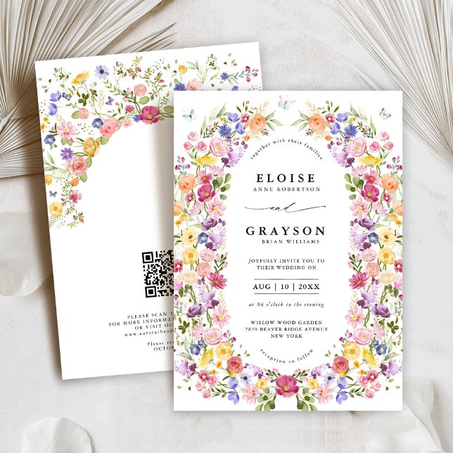 Färgämnet Vår Wildblomma Garden QR-kod Bröllop Inbjudningar (Colorful Spring Wildflower Meadow Garden QR Code Wedding Invitation)