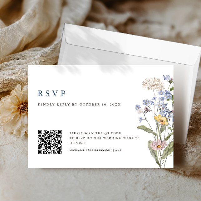 Färgämnet Vår Wildblomme Meadow Bröllop QR-kod OSA Kort (Colorful Spring Wildflower Meadow Wedding QR Code RSVP Card)