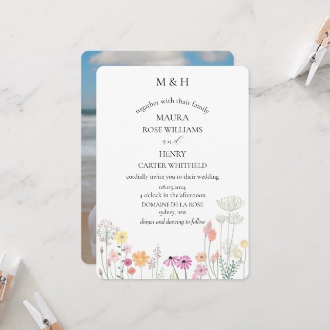 Färgämnet Vår Wildblommonogram, bröllop Inbjudningar (Fram/Back In Situ)