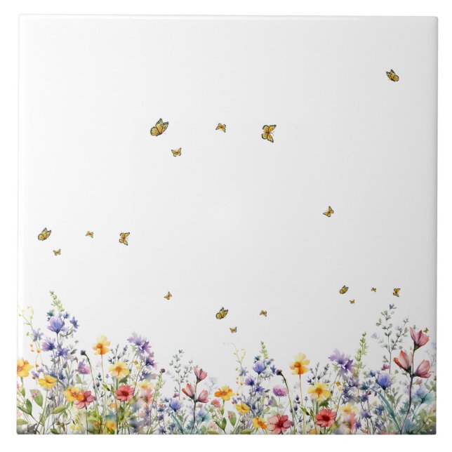 Färgämnet Watercolor Wildblomma med Butterfly Kakelplatta (Framsidan)