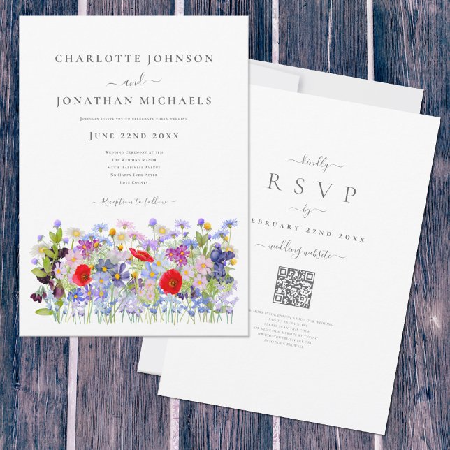 Färgämnet WildblomsmedelQR-kod Bröllop Inbjudningar (Boho Wildflower meadow watercolor wedding invitation with elegant typography script )