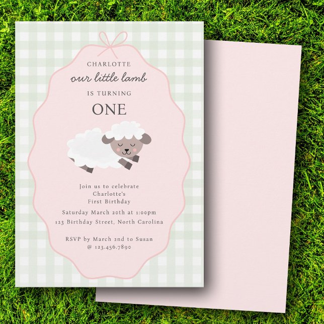 Fårgårds Party Djur Flicka 1-årsdag Rosa Inbjudningar (Lamb Farm Party Animals Girls 1st Birthday Pink Invitation)