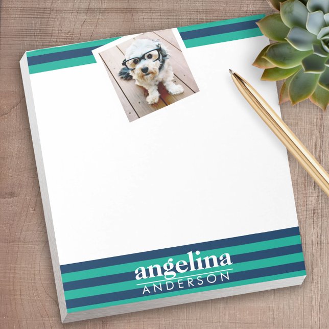 Färgat eget namn och foto för stripe-Mönster Anteckningsblock (Personalized Notepad - a fun gift or useful promotional product)