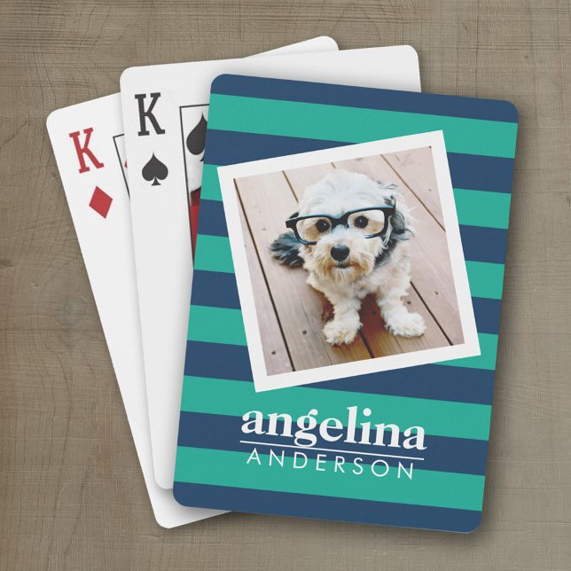 Färgat eget namn och foto för stripe-Mönster Spelkort (Personalized playing cards)