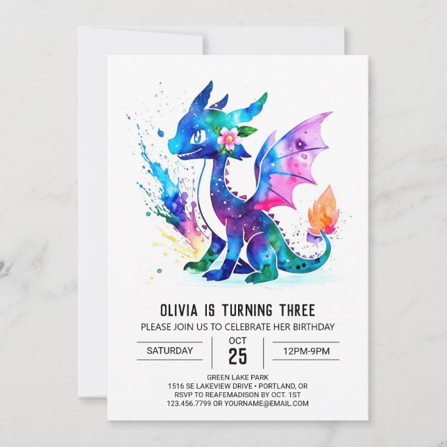 Färgat färgat drakmer Digital Girl Birthday Inbjudningar (Framsida)
