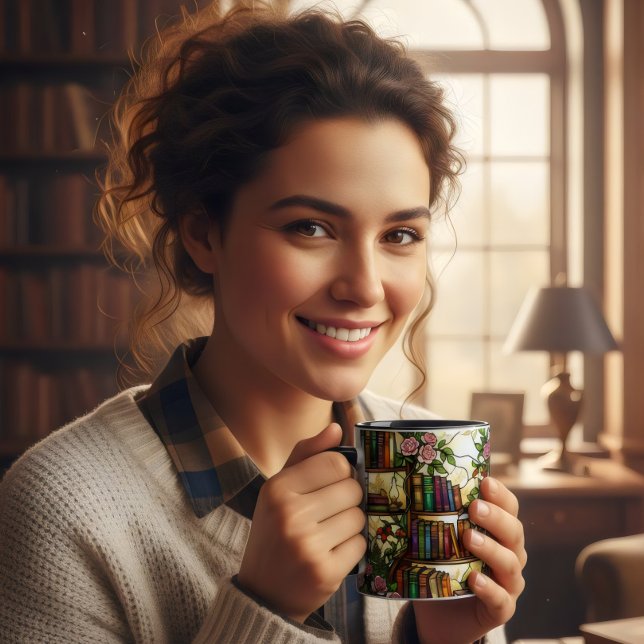 Färgat glas blommande bokhylla bokälskare kaffe  mugg (Skapare uppladdad)