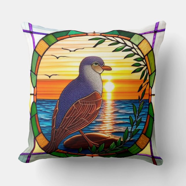 Färgat Glas Fågel Solnedgång Ocean Dekor 🌅 Kudde (Framsida)