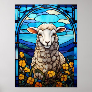 Färgat glas får i en våräng med gula blommor poster