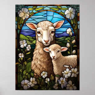 Färgat glas får och lamm pastoralt ängfönster poster